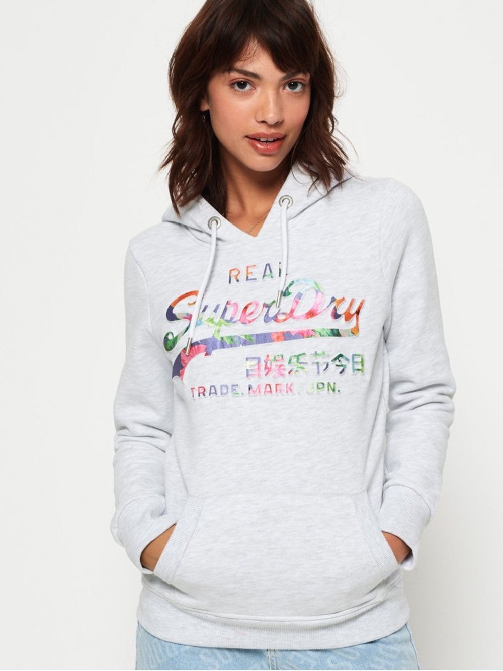 Superdry Light Gray Hoodie with Multicolor Floral Logo - Size US 4, UK 8, EU 36
